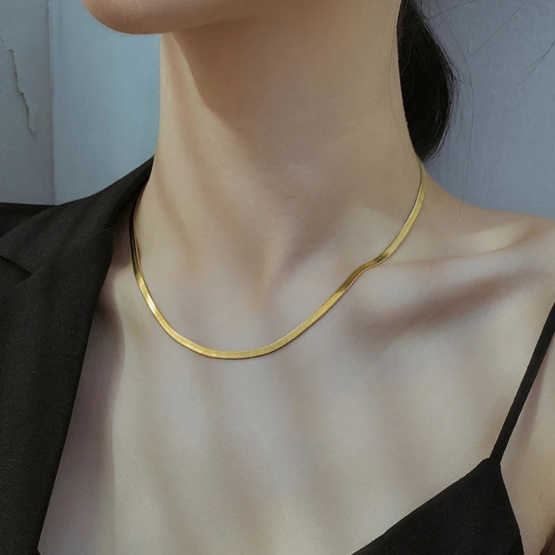 Trendy PVD 18K Gold Plated Stainless Steel Herringbone Necklace Snake Chain Choker Necklace for Women Waterproof Jewelry