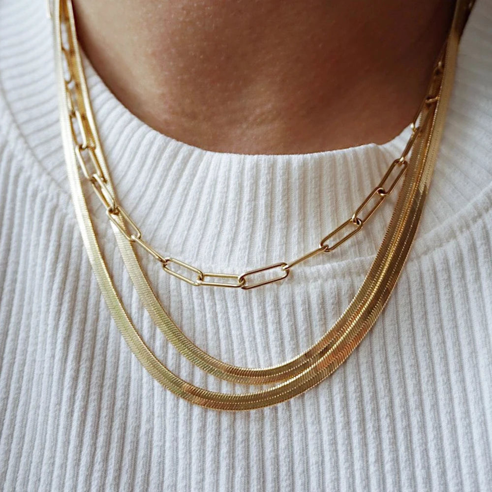 Trendy PVD 18K Gold Plated Stainless Steel Herringbone Necklace Snake Chain Choker Necklace for Women Waterproof Jewelry