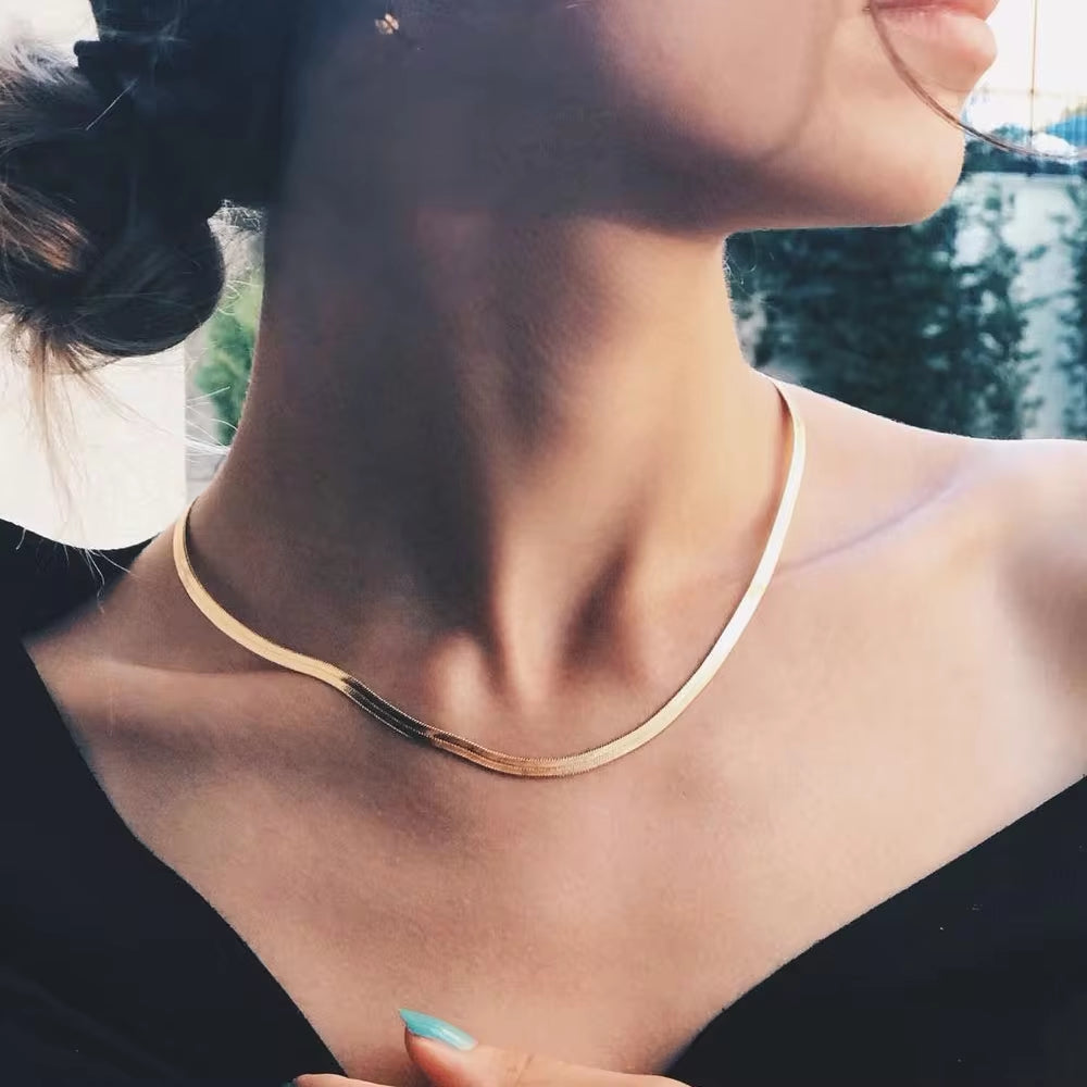 Trendy PVD 18K Gold Plated Stainless Steel Herringbone Necklace Snake Chain Choker Necklace for Women Waterproof Jewelry