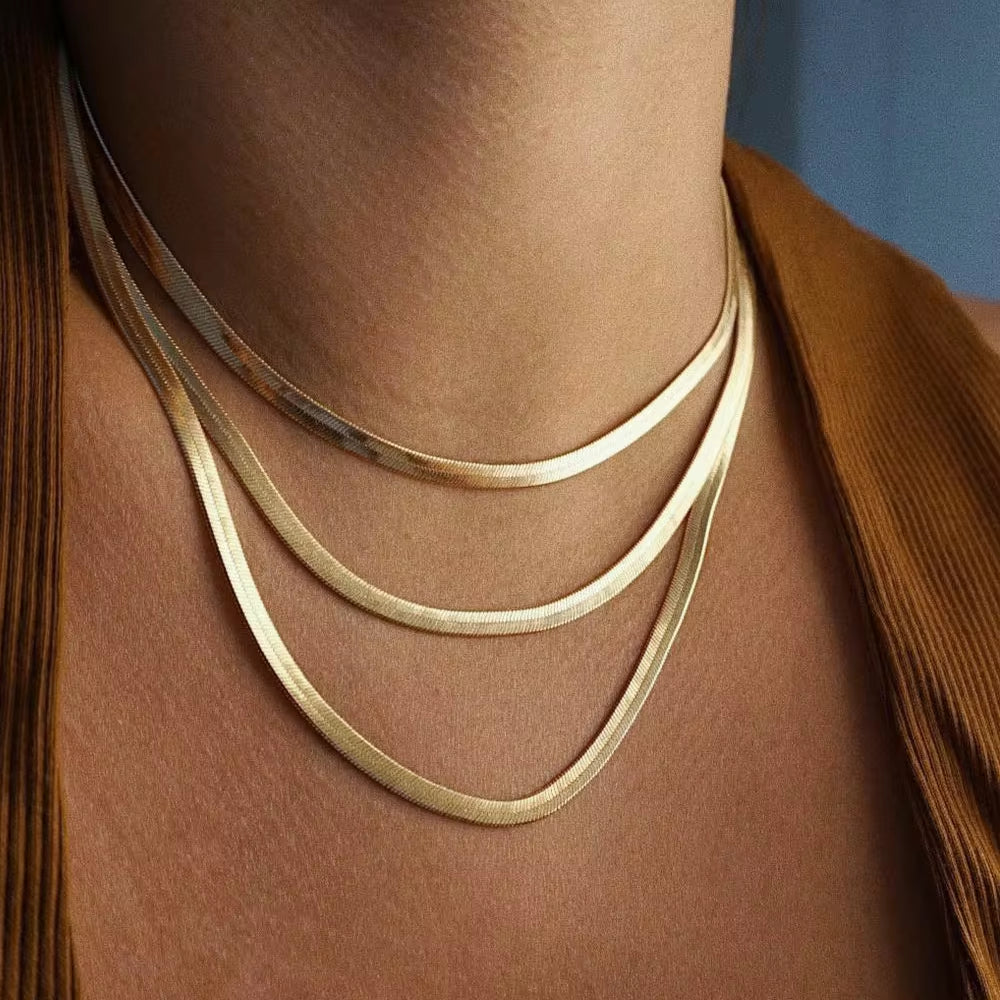 Trendy PVD 18K Gold Plated Stainless Steel Herringbone Necklace Snake Chain Choker Necklace for Women Waterproof Jewelry