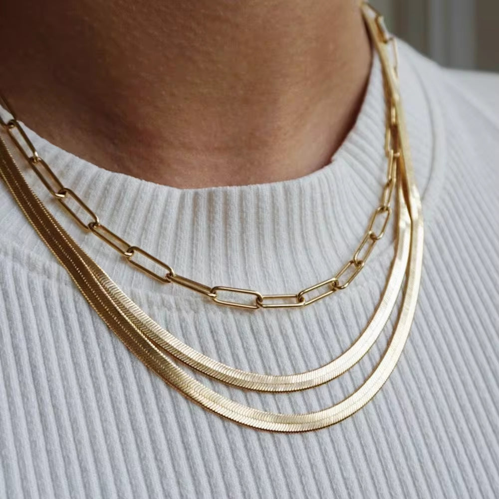 Trendy PVD 18K Gold Plated Stainless Steel Herringbone Necklace Snake Chain Choker Necklace for Women Waterproof Jewelry