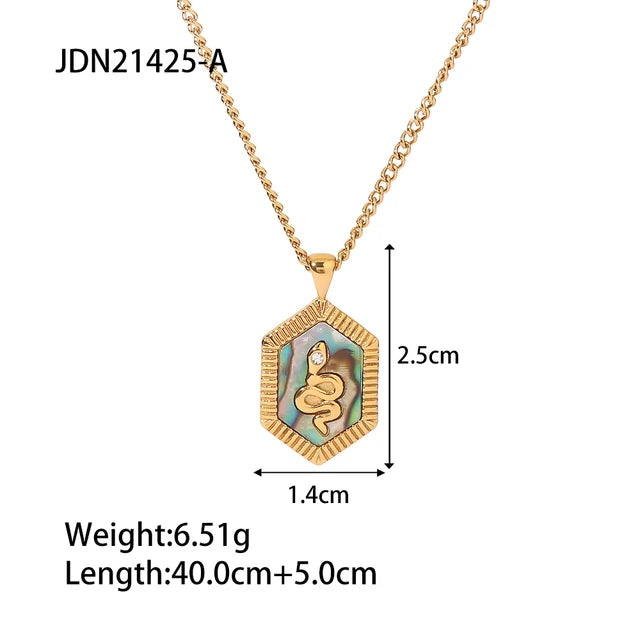 Uworld Vintage Geometric Hexagon Snake Abalone Mother of Pearl 18K PVD Gold Plated Stainless Steel Pendant Necklace Bijoux Femme