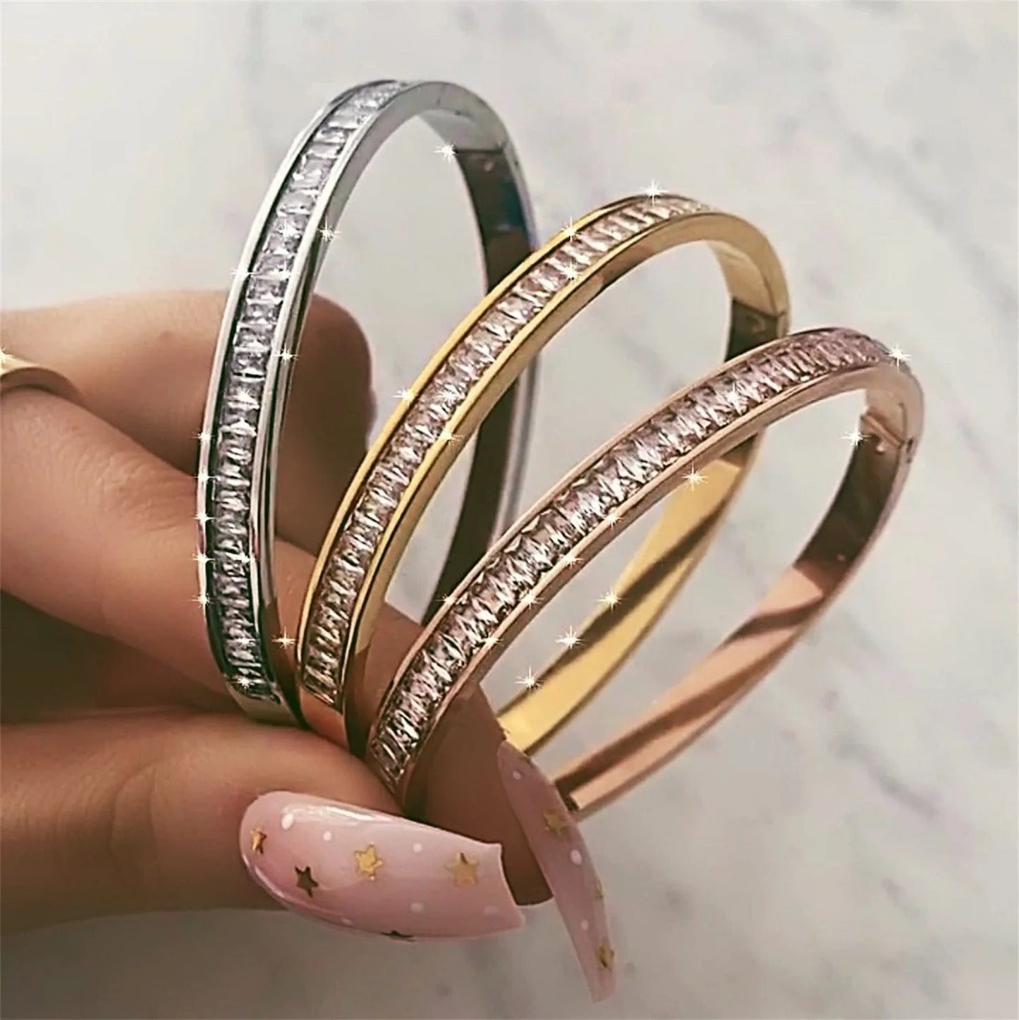 New Design Zircon Inlaid Bracelets & Bangles for Women Gold Silver Color Stainless Steel Screw Luxury Brand Jewelry Gifts